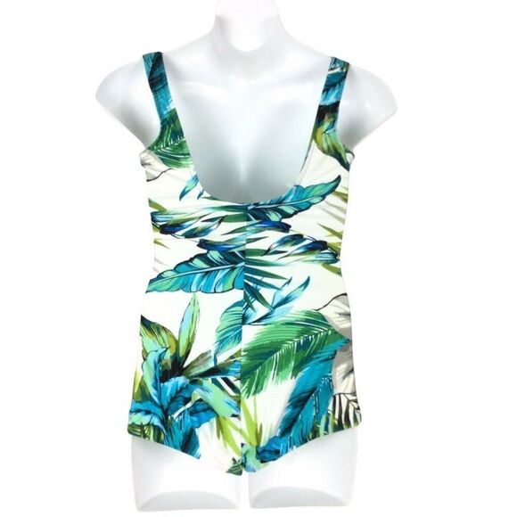 Maxine Of Hollywood Swimsuit Size 14 White Turquoise Ruched Girl Leg Wide Straps - Picture 3 of 5